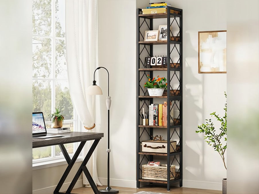 Tribesigns Rustic Brown and Black Metal 7-Shelf Corner Bookcase (13.4-in W x 78.74-in H x 13.4-in D) Unfinished | HOGA-C0820