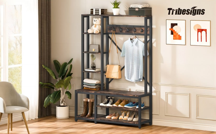 Tribesigns Coat Rack Shoe Bench Set, Hall Tree with Bench and 18 Shoe  Cubbies, Shoe Rack Bench with Coat Hooks and Storage Shelf for Entryway
