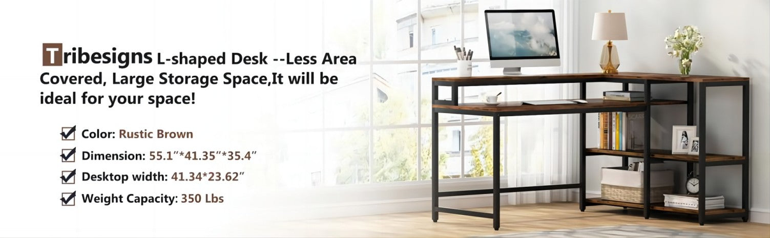 55/53 inch Reversible L Shaped Desk with Storage Shelf and Monitor