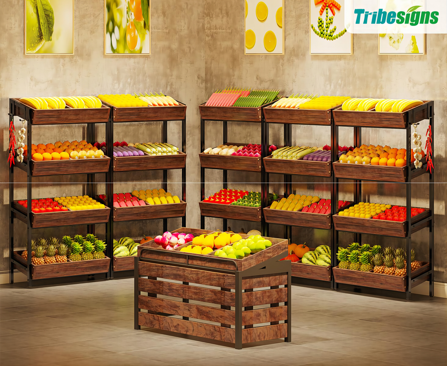 Tribesigns Wood Fruit Vegetable Storage Rack, 4-Tier Storage Organizer