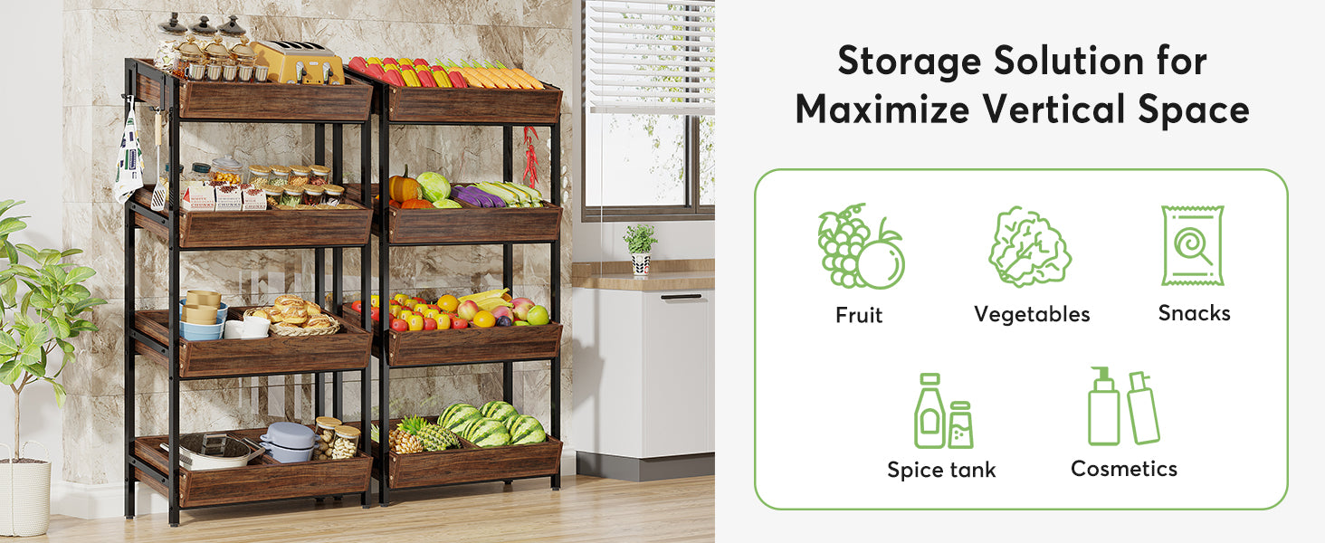 4-Tier Wood Fruit Vegetable Storage Rack Stand Stackable Fruit Basket Organizer Rack for Kitchen - Brown