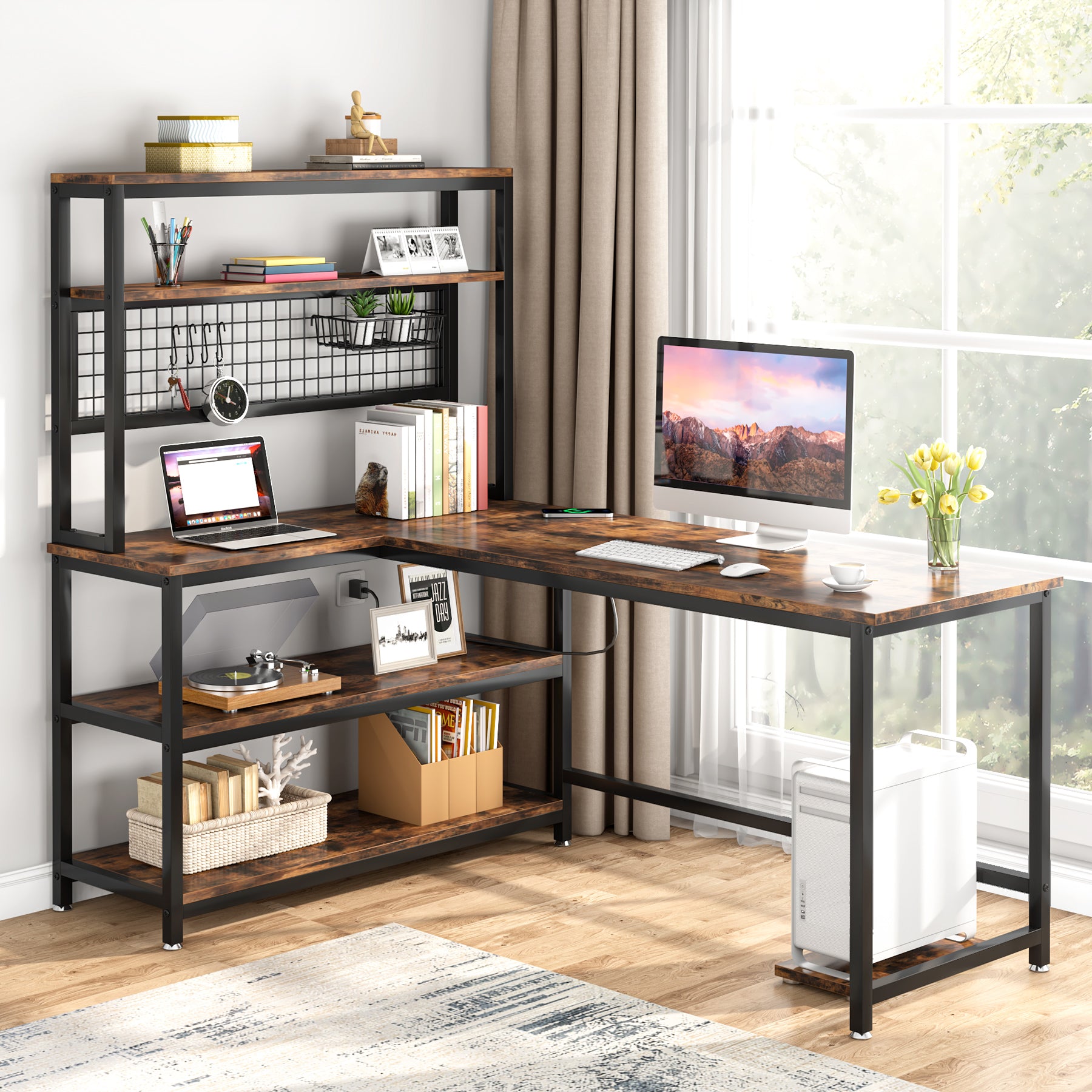 L-Shaped Desk with Hutch, 60 Corner Computer Desk, Home Office Gaming  Table with Storage Shelves, Space-Saving