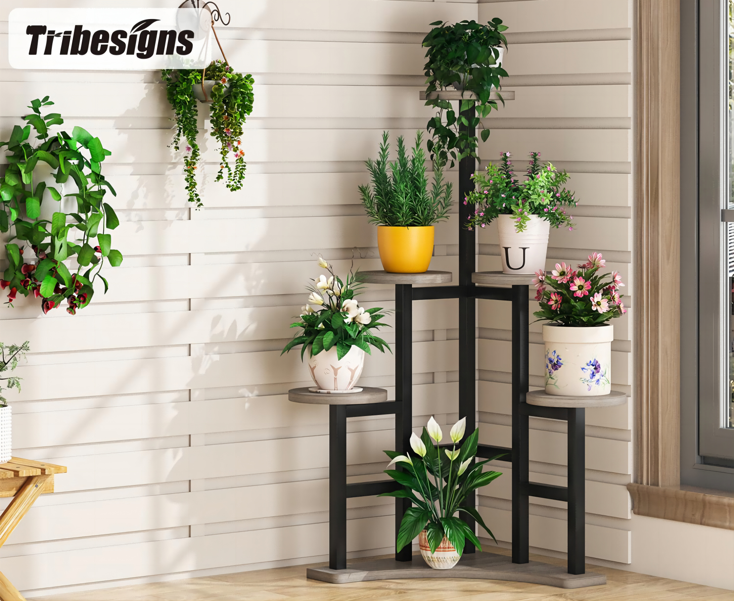 Corner Plant Stand, 67 Tall Flower Shelf with 15 Hanging Hooks