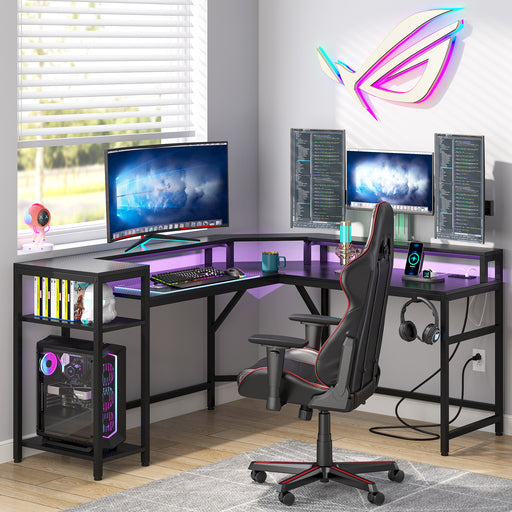 Stack Gaming Desk LED Strip & Double-Layer Desktop, L Shaped Computer  Gaming