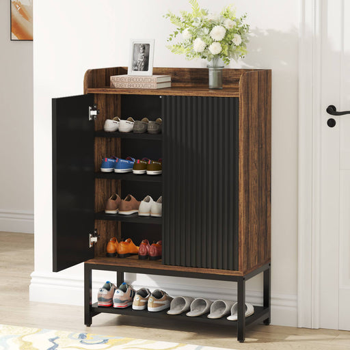Tribesigns 48.03-in H 3 Tier 24 Pair Oak/Black Engineered Wood Shoe Cabinet  in the Shoe Storage department at