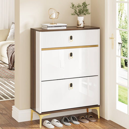 Linique Versatile Shoe Cabinet with 3 Flip Drawers,Maximum Storage Entryway  Organizer with Drawer,Free Standing Shoe Rack with Pull-Down Seat for