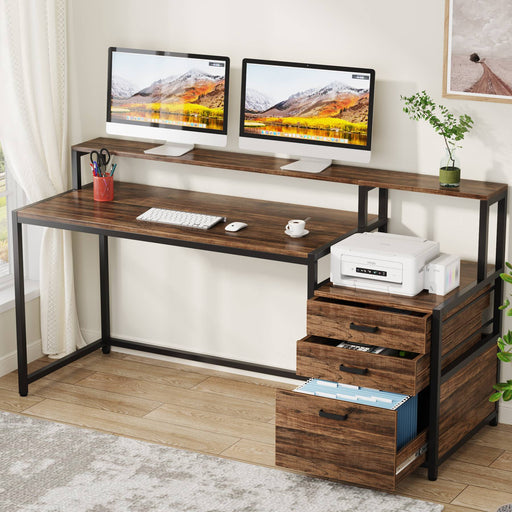 63 Computer Desk with Drawers, Office Desk with Keyboard Tray and Monitor  Shelf, Writing Desk, Study Table with CPU Stand & Storage Shelves, Black 