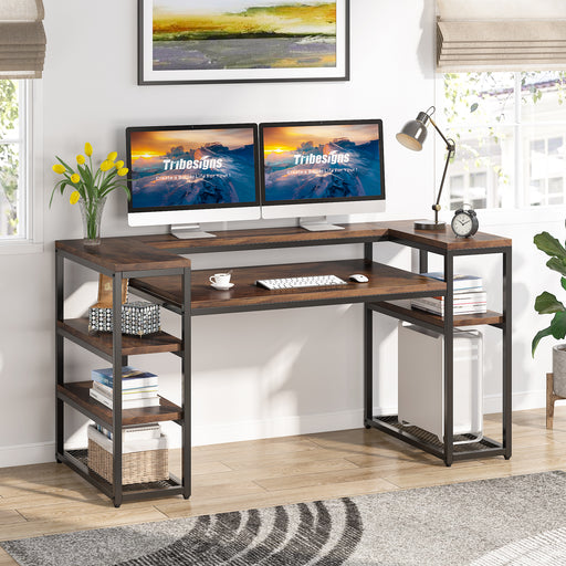 AYEASY Home Office Desk with Monitor Stand Shelf, 66 inch Large Computer  Desk with Power Outlet and USB Charging Port, Table with Storage Shelves  and