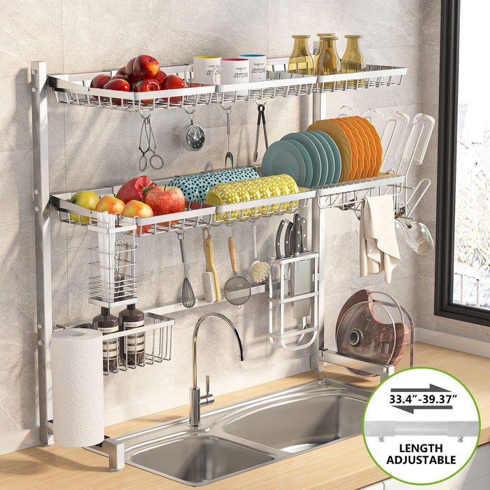 PUSDON Adjustable Dish Drying Rack Over Sink (33-45) 3 Tier, 2 Cutlery  Holders Large Drainer for Kitchen Storage Counter Organization, Stainless