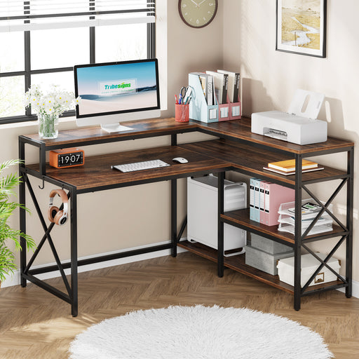 TribeSigns Rotating Computer Desk with 5 Shelves Bookshelf, Vintage Rustic  L-Shaped Corner Desk with Storage, Reversible Office Desk Study Table