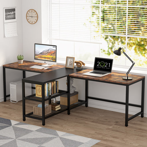 Tribesigns Extra Long Two Person Desk with Storage Shelves, 96.9 inch Double Computer Desks with Printer Shelf for 2 People, Rustic Writing Desk