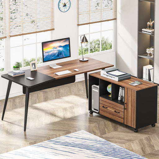 Tribesigns 70.9 x 31.5 Extra Large Office Executive Desk with Power Outlet  and File Cabinet, Office Workstation, Walnut & Black