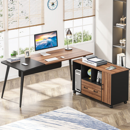 Tribesigns 70.9 x 30.9 Inch Extra Large Office Executive Desk with Power  Outlet and File Cabinet, L-Shaped Computer Desk Home Office Workstation