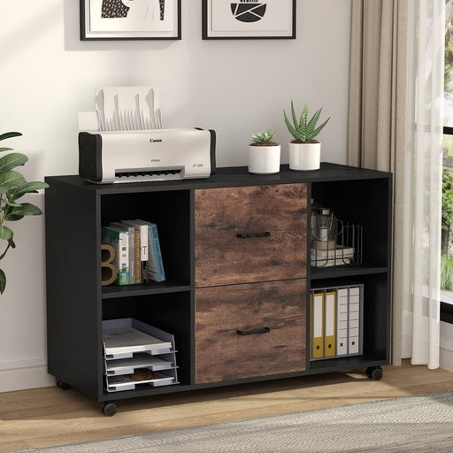 Tribesigns 67 Executive Desk and 55 Lateral File Cabinet, L Shaped Desk with Storage Cabinet & Shelves, Walnut & Black & Grey