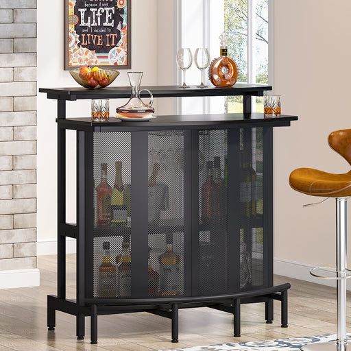 L-Shaped Home Bar Unit with 4 Glasses Holders and 4 Tier Shelves - Brown