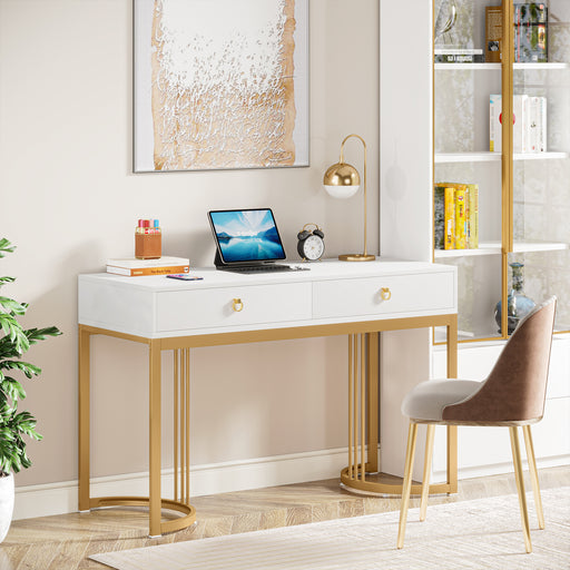  Tribesigns Small Computer Desk, 40 Inch White and Gold Writing  Desk with 2 Drawers, Modern Simple Study Desk Table for Bedroom, Makeup  Vanity Console Table for Small Spaces, White and Gold 