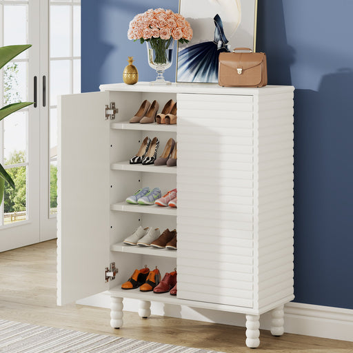 Natural Rattan Shoe Cabinet, 5-Tier Shoe Rack Storage Organizer with Doors,  Metal Legs, Entryway Shoe Cabinet for Modern Heels, Boots, Entrance