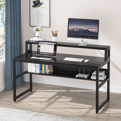 55 Computer Desk with Monitor Shelf and Storage Shelves, Gaming Desk,  Study Table with CPU Stand & Reversible Shelves, Black