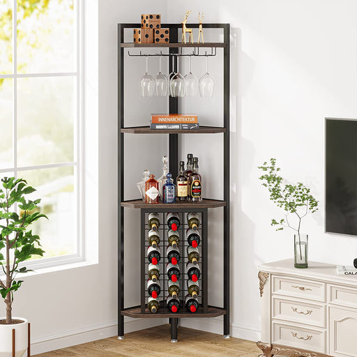 Tribesigns L-Shaped Home Bar Unit, 3 Tier Liquor Bar Table with Storage  Shelves and 6 Wine Glasses Holder, Industrial Corner Wine Bar Cabinet Mini  Bars for Home Kitchen Pub, Rustic Brown 