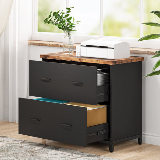 Tribesigns 67 Executive Desk and 55 Lateral File Cabinet, L Shaped Desk with Storage Cabinet & Shelves, Walnut & Black & Grey