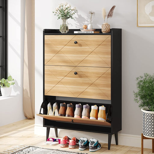 Shoe Cabinet Storage Cabinet with 3 Flip Drawers & Boot Rack Narrow Shoe Rack - Black