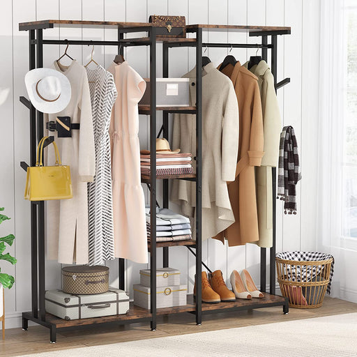 Freestanding L-Shape Closet Organizer,47.24 W Closet Corner System, 4-Tier Clothing Garment Rack with 4 Hanging Rods - Brown