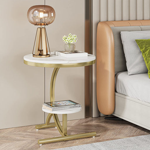 Tribesigns Way to Origin Belle 18.7 in. Marble White Round Wood End Table, Modern 2-Tier Side Table Nightstand Small Coffee Table for Home Office