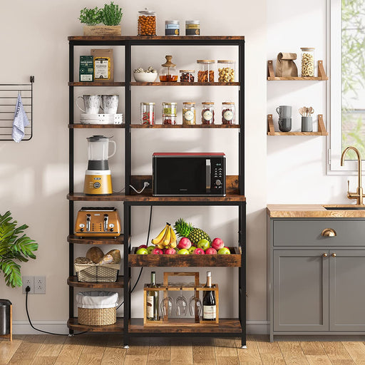 Tribesigns Way to Origin Bachel Rustic Brown 5-Tier Kitchen Bakers Racks with Hooks and Hutch, Balcony Plant Stand, Office Display Organization.