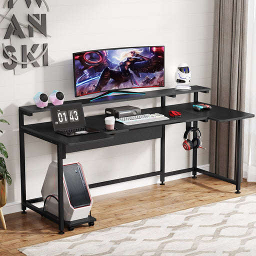 Tribesigns Way to Origin Halseey 75 in. Black Wood and Metal Computer Desk Writing Gaming Desk with LED Strip Monitor Stand