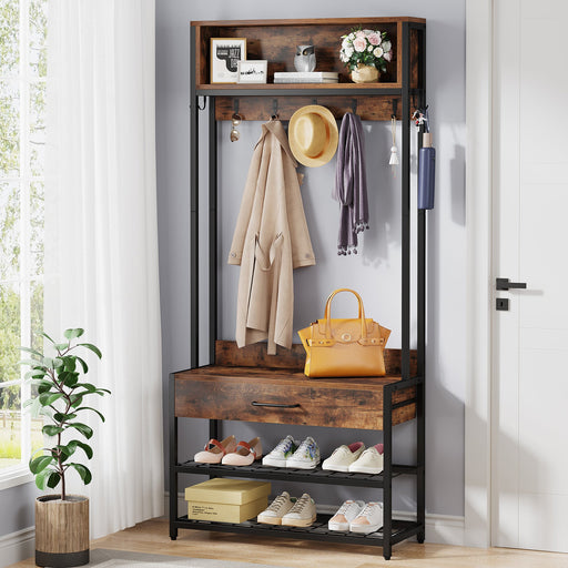 Carmelita Black Hall Tree with Shoe Storage and Coat Rack, Shoe Organi