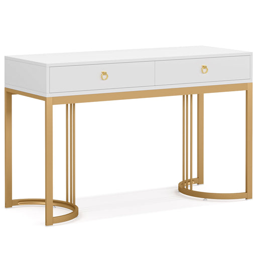 47 Modern Rectangular White Writing Desk with Gold Metal Base Wooden Home Office Desk with Drawer