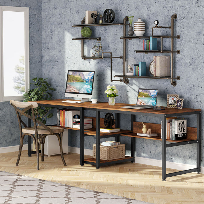 double desk with bookshelf