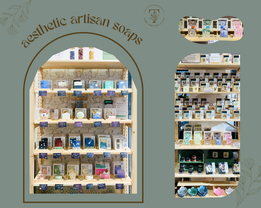 Shelf display showcasing a diverse collection of Tammi Home Body & Bath's handmade cold process artisan soaps and pet collection soaps, beautifully arranged in a gift shop, highlighting the unique designs and natural ingredient