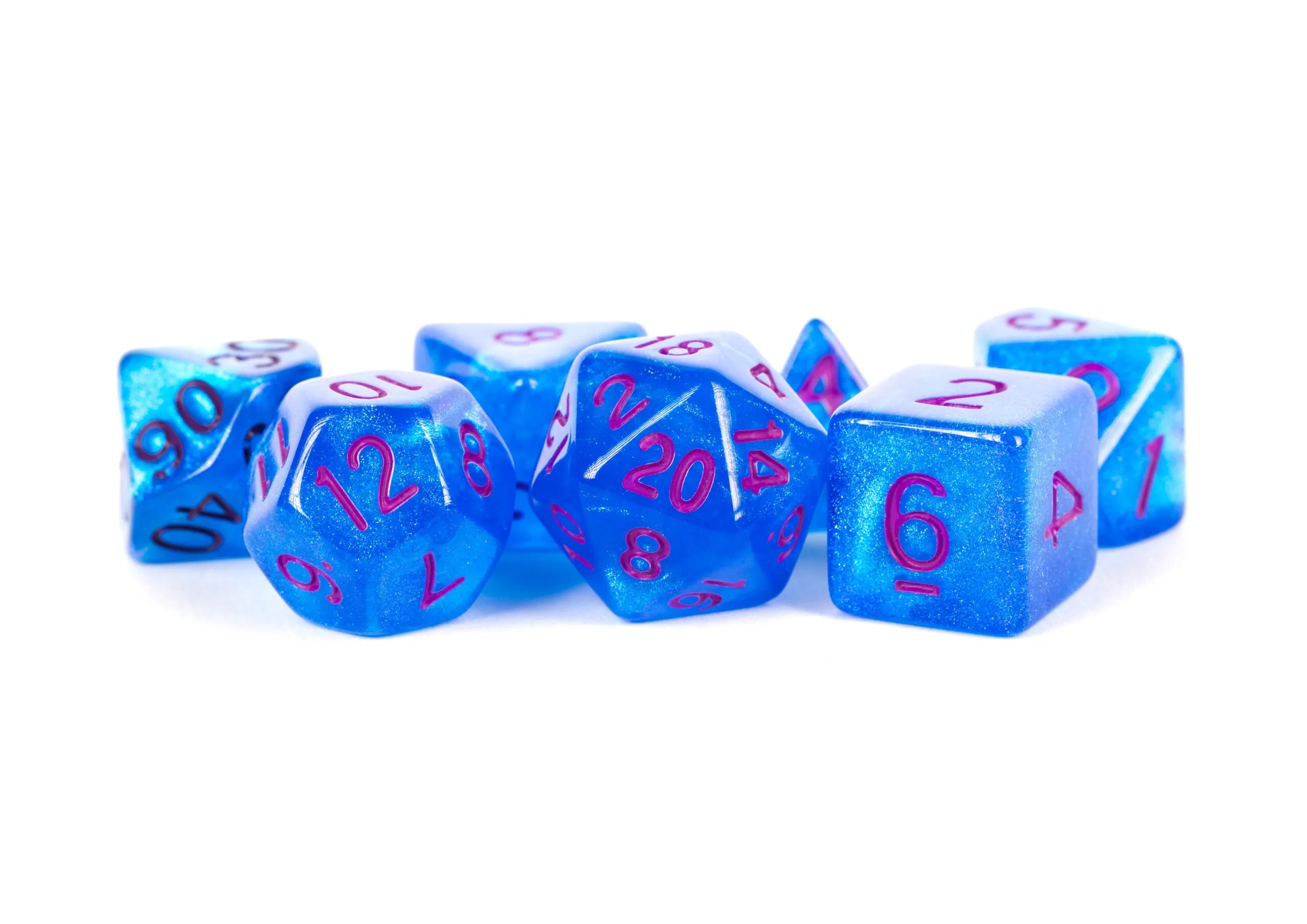 Stardust Blue w/ Purple Numbers 16mm Polyhedral Dice Set