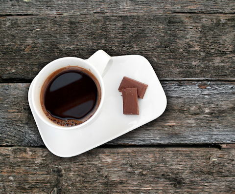 But What About Reverse Tolerance to Kava? Mug of kava, sitting on a plate with a chocolate sliver on the side. 