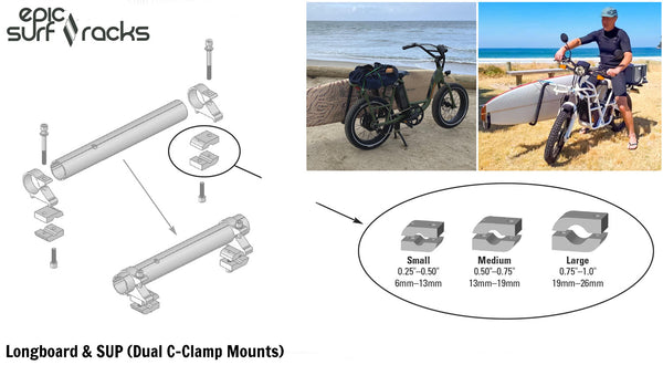 E-bike longboard rack (c-clamp) breakdown diagram showing how the mount is assembled along with the various sizes that come with the rack.  2 separate images are in the upper right corner one of an e-bike on the beach, along with another white e-bike with a man on it bringing his longboard away from the surf.