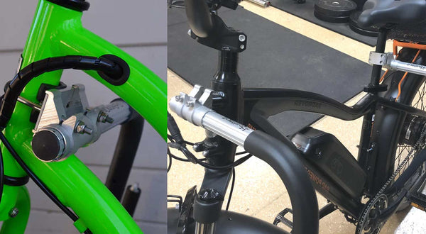 Details image showing the front u-bolts mounted to the front of a bike, along with another black e-bike having the u-bolt bolted connected directly to the electric bikes frame.