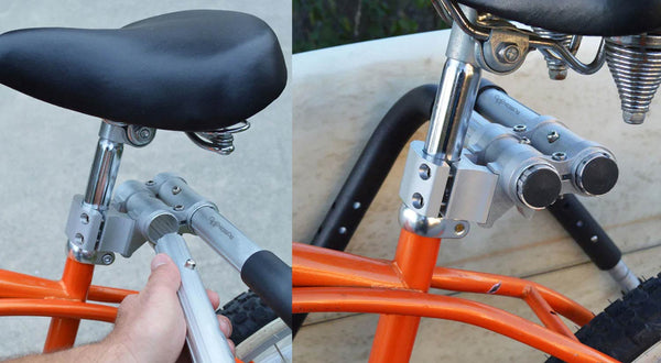 E-bike Shortboard (single mount surfboard rack) diagram showing a picture of how the mount breaks down, and also another picture showing the actual rack mounted to a bike's seat post.  The bike the surf rack is mounted to is an orange beach cruiser.  The image is a close up of the mounting system of the shortboard version of the rack.