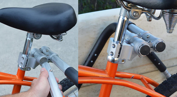 E-bike Shortboard (single mount surfboard rack) diagram showing a picture of how the mount breaks down, and also another picture showing the actual rack mounted to a bike's seat post.  The bike the surf rack is mounted to is an orange beach cruiser.  The image is a close up of the mounting system of the shortboard version of the rack.