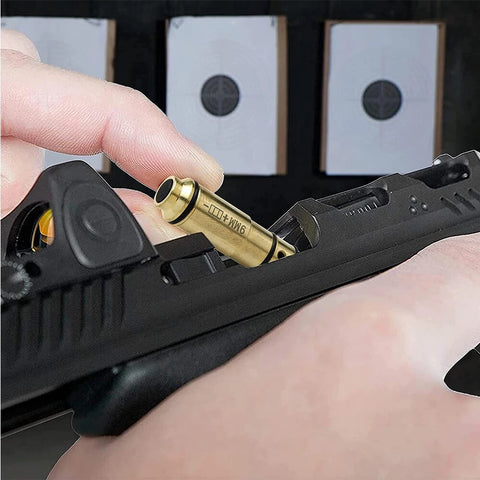 Example on how to insert the 9 mm caliber Accutrain Dry Fire laser system in the chamber