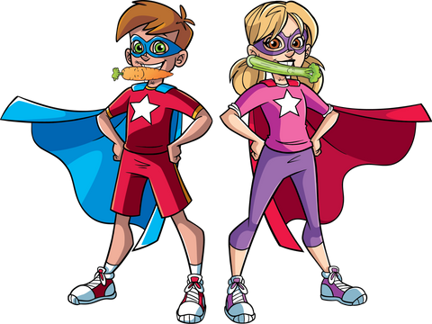 superhero boy and girl eating vegetables