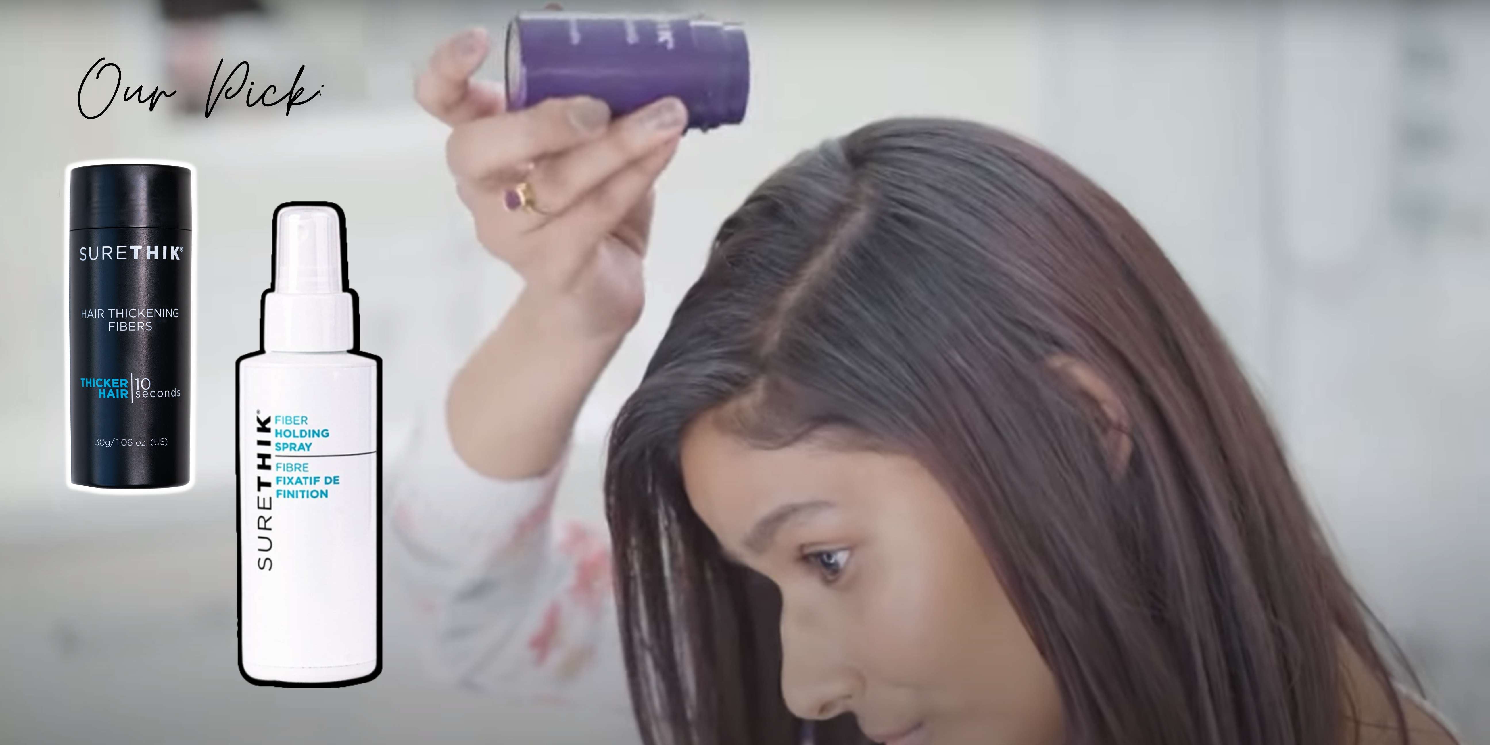 girl applying surethik hair fibers