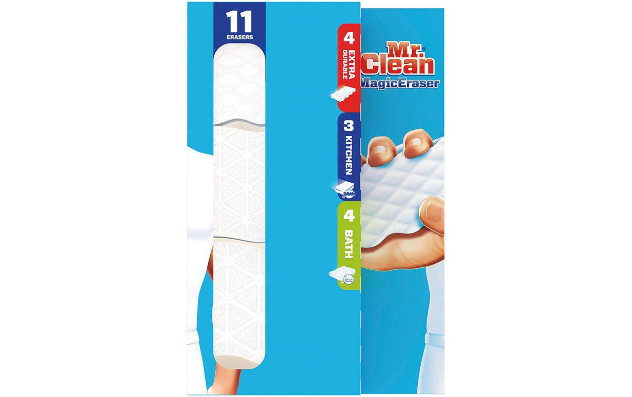 Gói đa dạng miếng tẩy sạch nhà cửa MR. CLEAN Magic Eraser (11 miếng): Bạn muốn làm sạch nhà cửa một cách hiệu quả và đơn giản? Hãy sử dụng miếng tẩy sạch nhà cửa MR. CLEAN Magic Eraser. Gói sản phẩm đa dạng với 11 miếng sẽ giúp bạn làm sạch mọi vết bẩn cứng đầu một cách dễ dàng. Đặt hàng ngay để có được sự thuận tiện trong việc giữ gìn sạch sẽ ngôi nhà của mình.