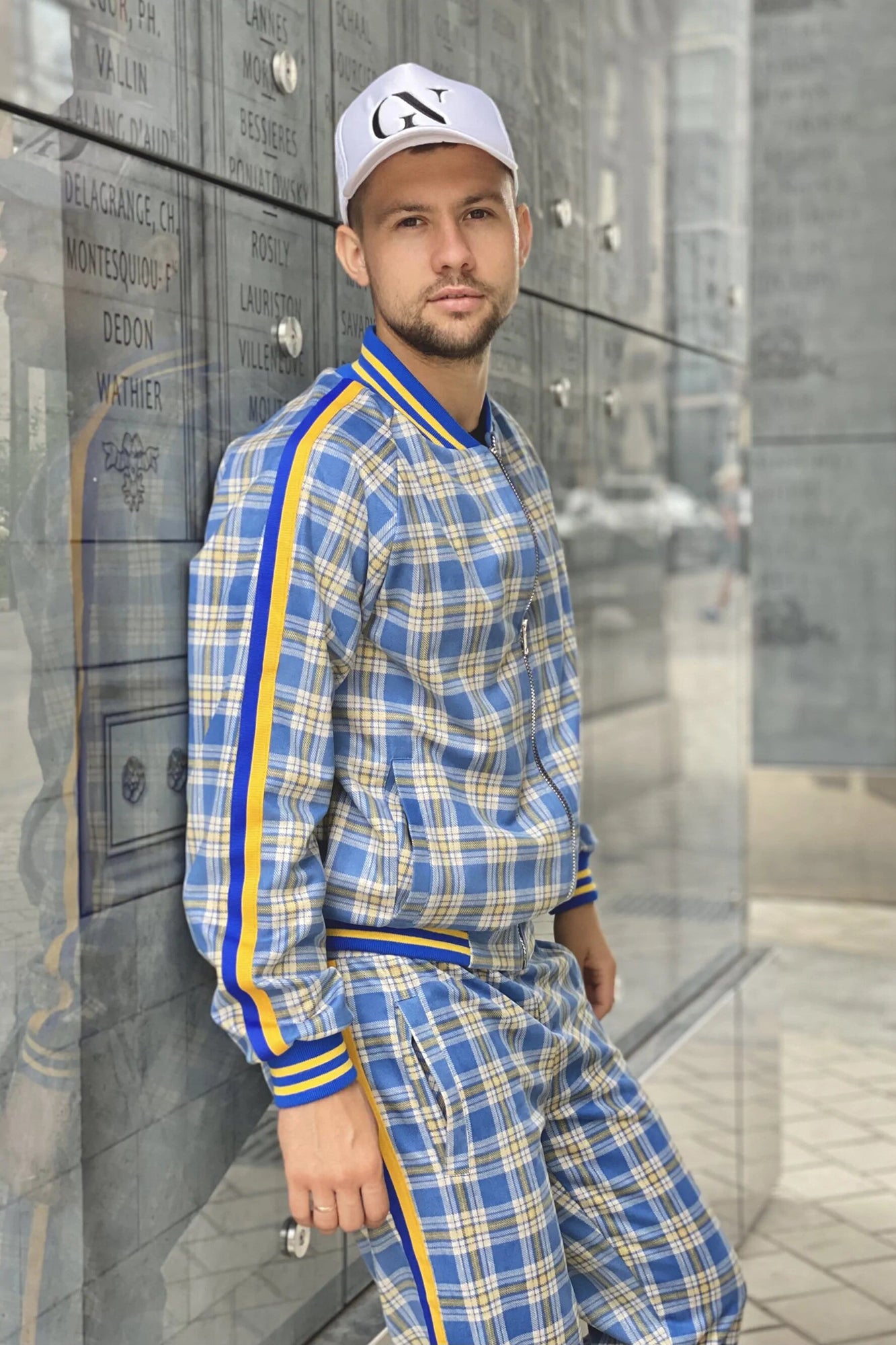 Yellow-Blue Checkered Colin Farrell Coach Tracksuit - GentmnShop