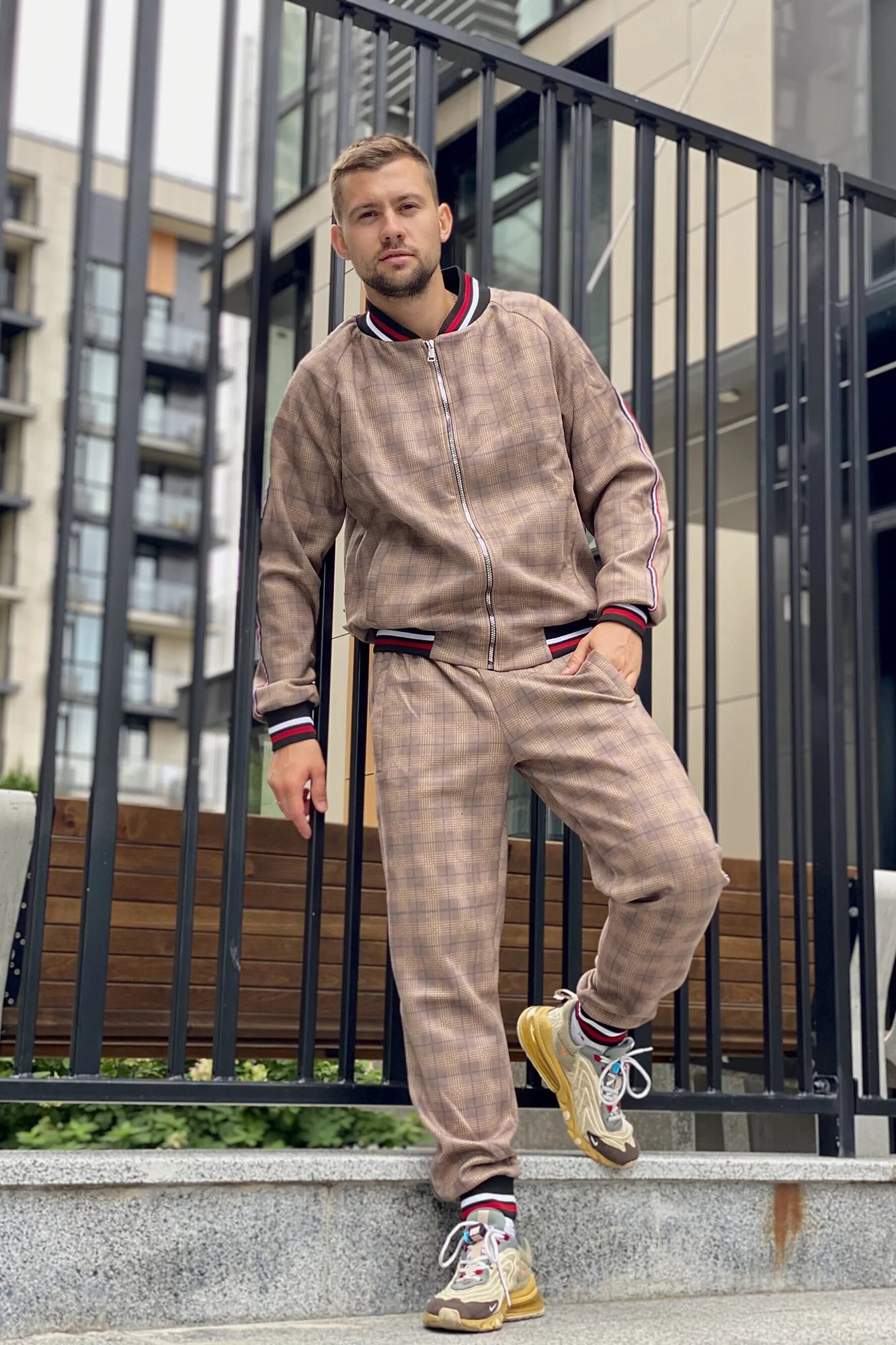 Brown Checkered Colin Farrell Coach Tracksuit - GentmnShop