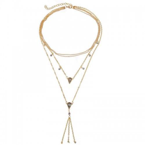 Crystal Gold Plated Multi Layers Long Chain Necklace