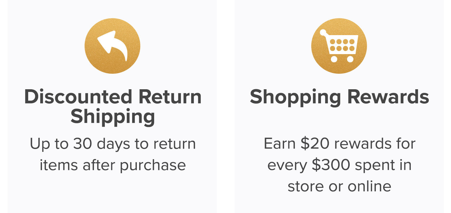 Discounted return shipping. Up to 30 days to return items after purchase. Shopping rewards. Earn $20 rewards for every $300 spent in store or online.