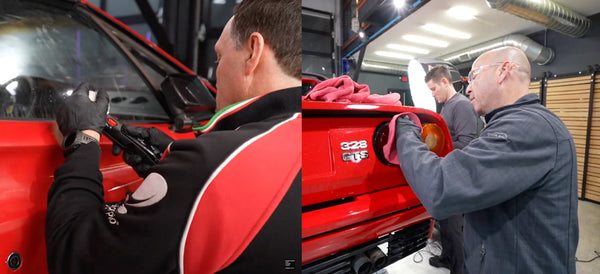 Jason Rose and Kevin Brown polish the paint of the Ferrari 328 barn find
