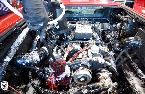 Engine bay detail on barn find lambo Countach 