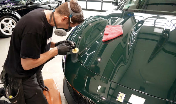 Paint correction detail on new delivery of Ferrari Roma